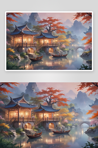 湖中船亭画中国风格艺术之美