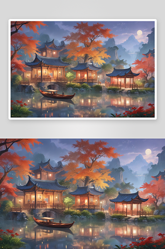 中国风格湖中船亭画水墨间的雅致之美