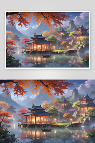 中国风格湖中船亭画水墨间的雅致之美