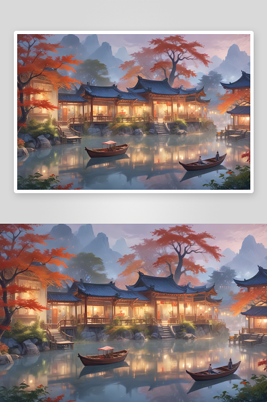 中国风格湖中船亭画传递乡愁的艺术之语