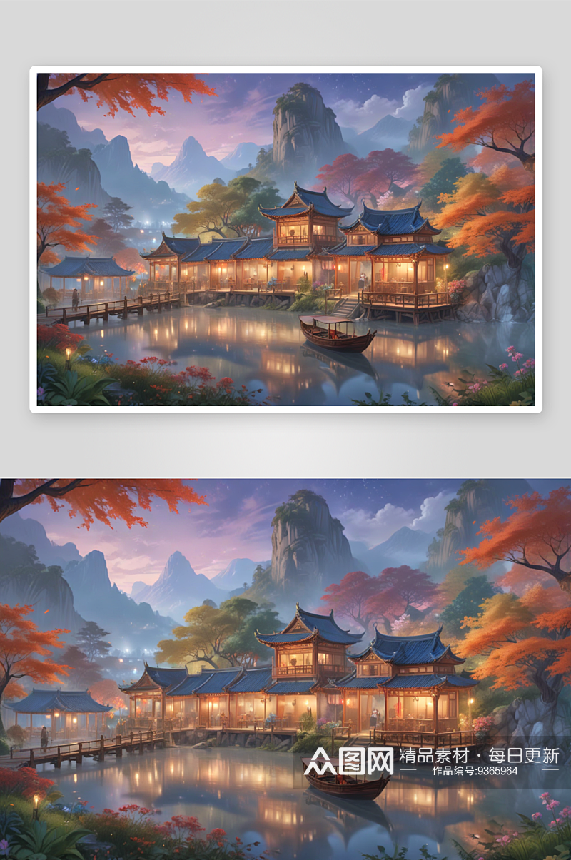 中国风格湖中船亭画传递乡愁的艺术之语素材