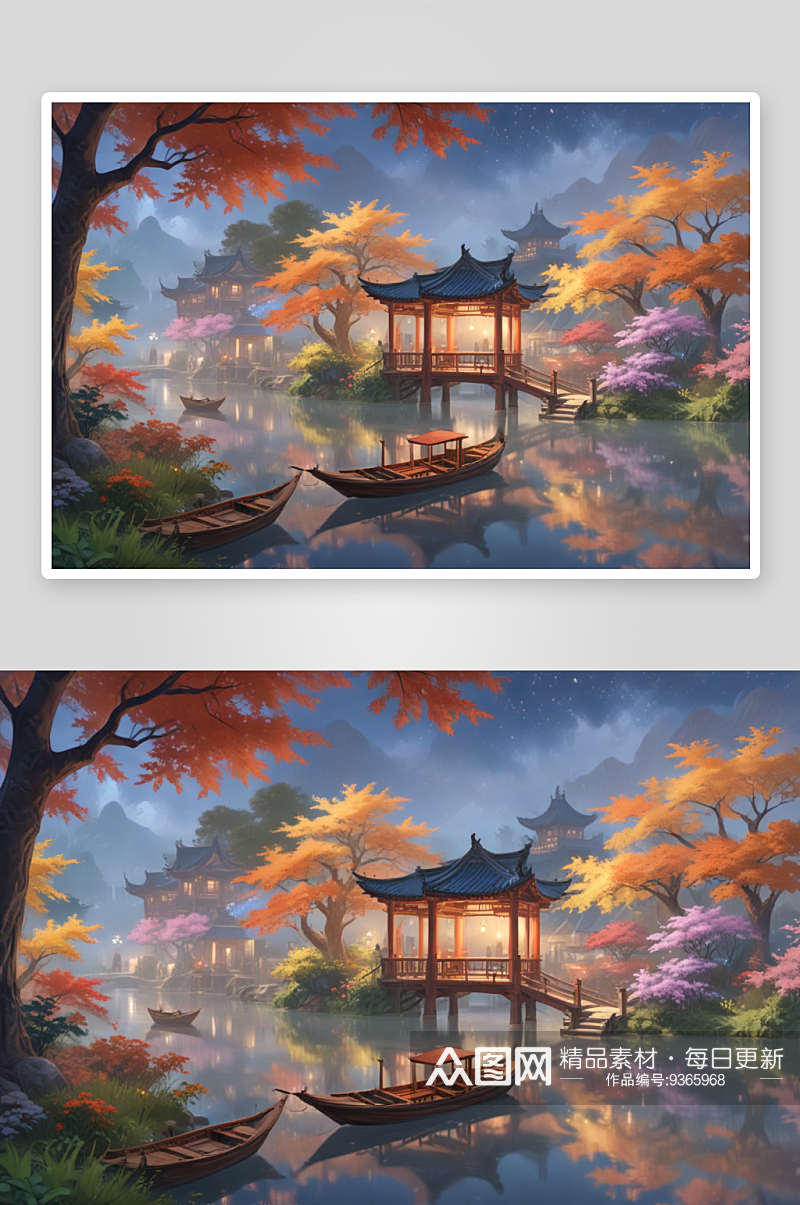 中国风格湖中船亭画传递乡愁的艺术之语素材