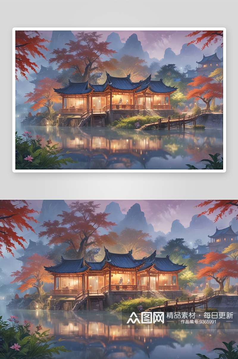 湖中船亭画流淌着中国文化的精髓素材