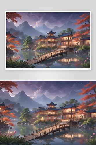 中国风格湖中船亭画山水诗意的画卷