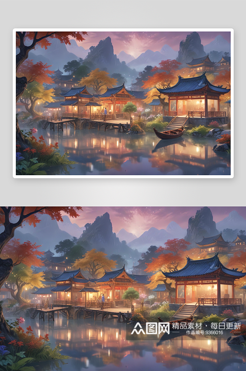 中国风格湖中船亭画山水诗意的画卷素材