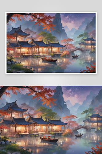中国风格湖中船亭画山水诗意的画卷
