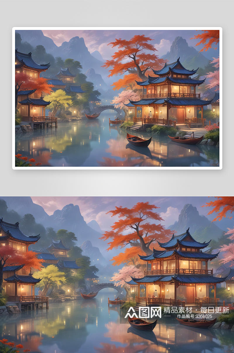 中国风格湖中船亭画山水诗意的画卷素材