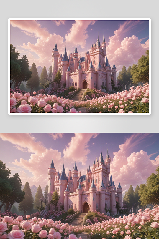 童话世界中的粉红花海城堡