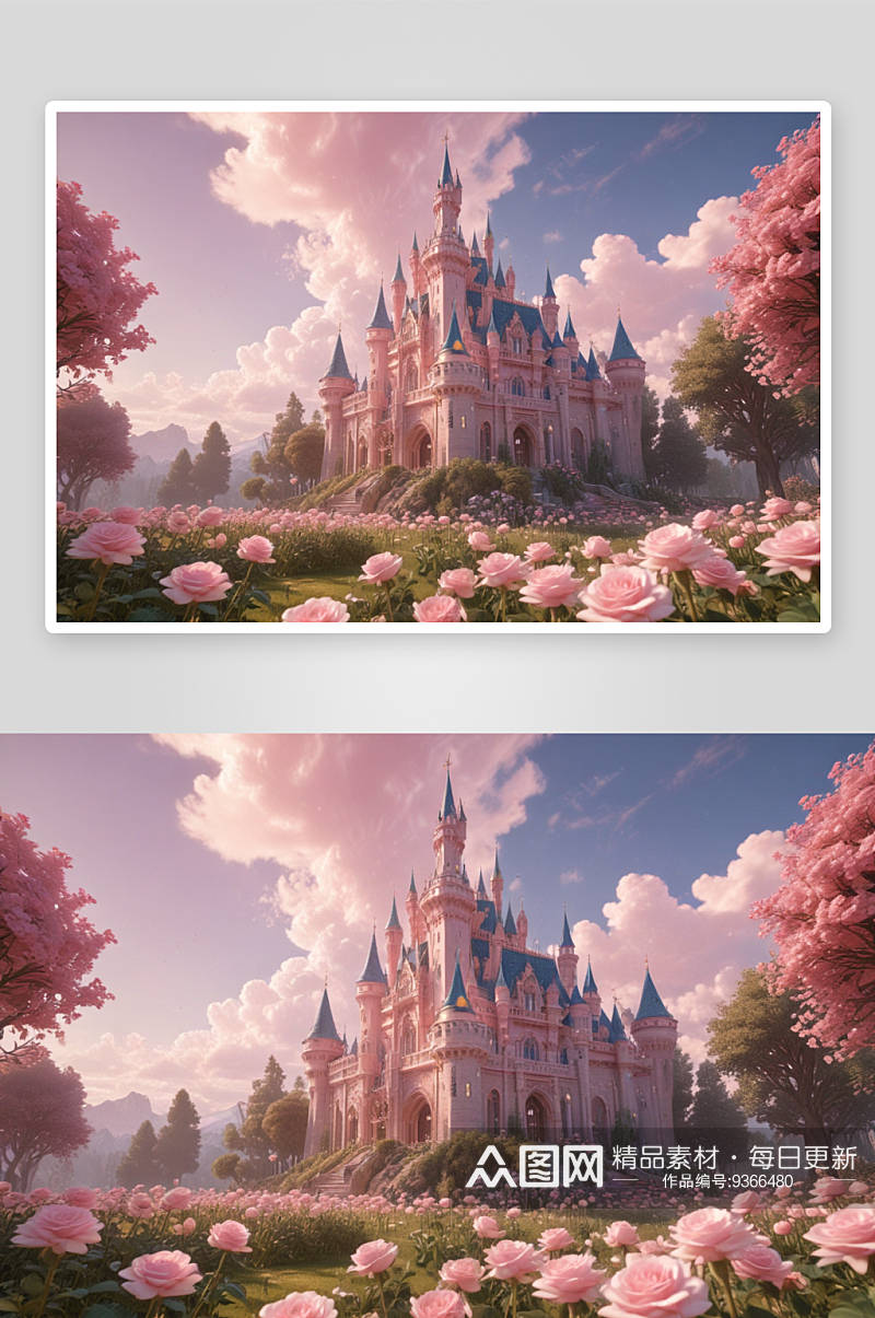 梦幻童话宫殿前的粉红花海素材
