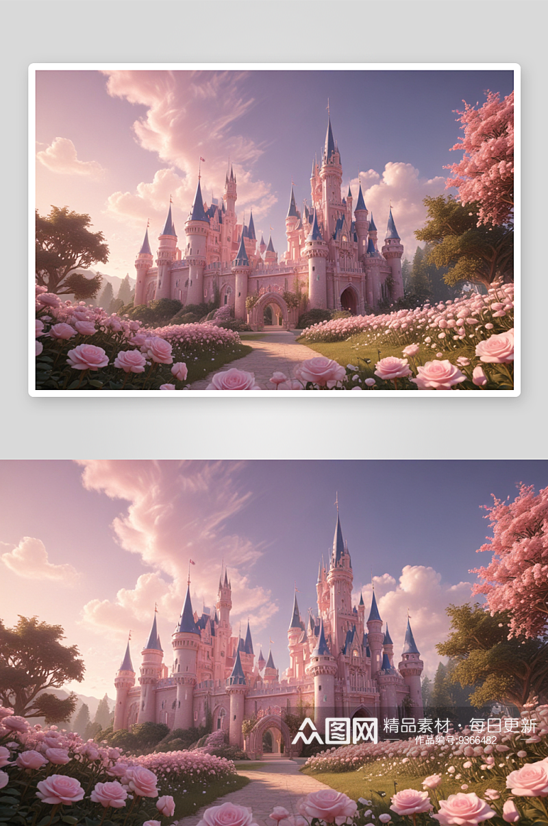 梦幻童话宫殿前的粉红花海素材