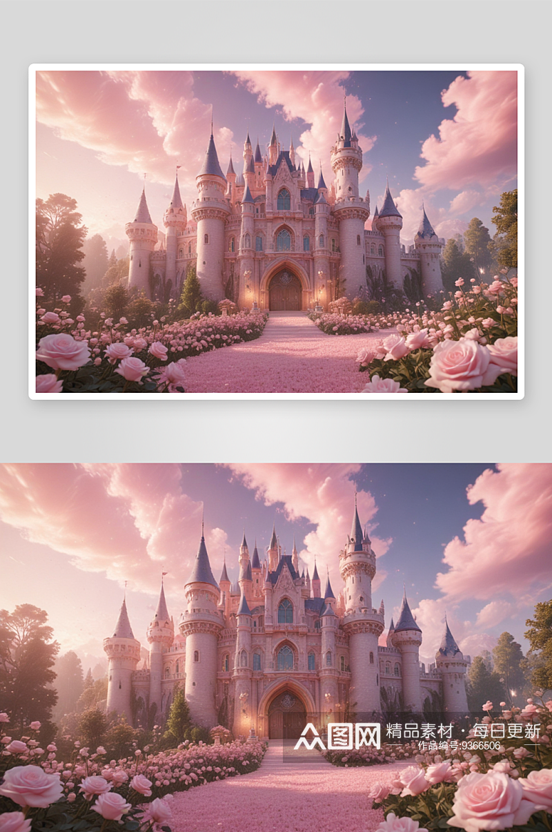 粉红花海中的魔法城堡仙境素材