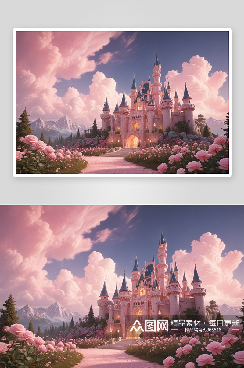 粉红花海中的魔法城堡仙境素材