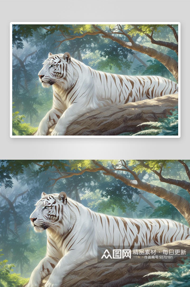 白虎休息在森林树枝上的画作素材