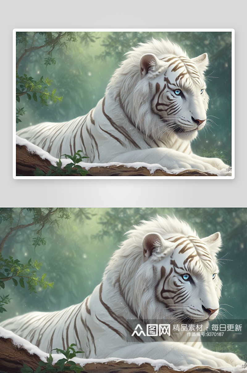 白虎休息在森林树枝上的画作素材