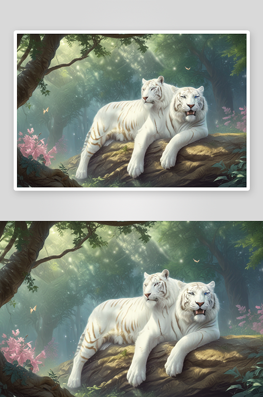 森林树枝上的白虎与自然共存