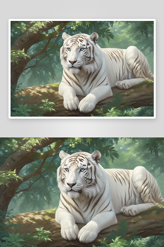 森林树枝上的白虎休憩画自然之美展现