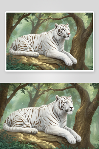 白虎休息在森林树枝上的画作