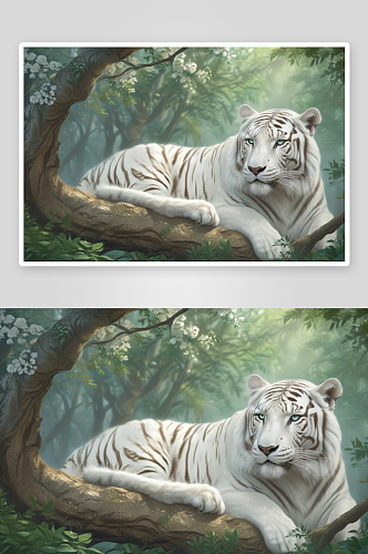 白虎休息在森林树枝上的画作