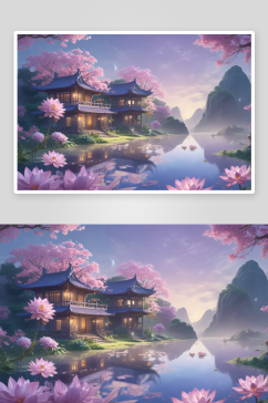湖畔淡紫色中国莲花美景