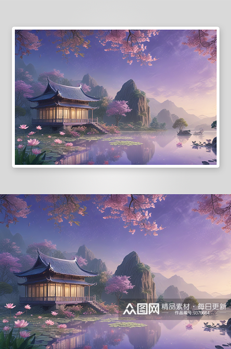 湖畔淡紫色中国莲花美景素材
