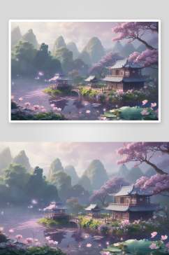 湖畔淡紫色中国莲花美景