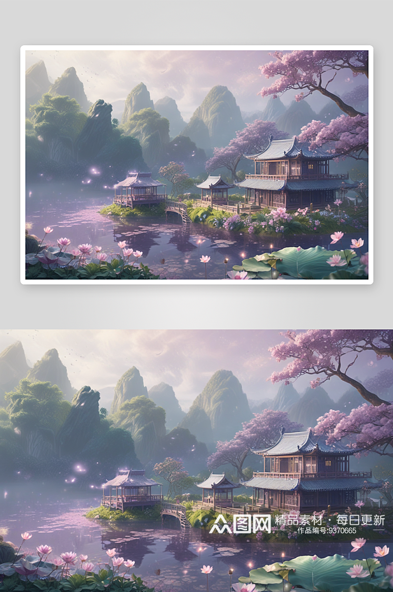 湖畔淡紫色中国莲花美景素材