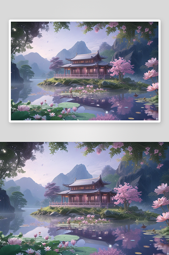 湖泊边缘绽放中国莲花的美丽风景