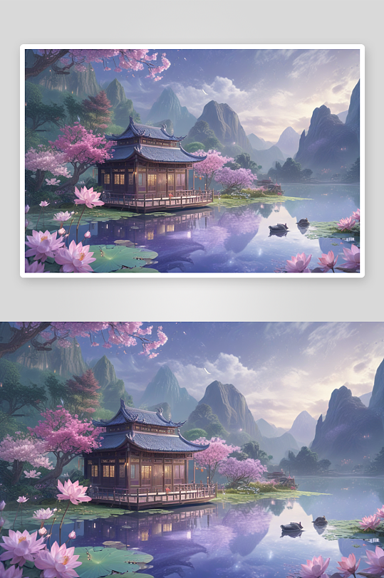 湖泊边缘绽放中国莲花的美丽风景