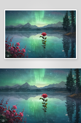 夜空中湖面闪烁的星星与红玫瑰