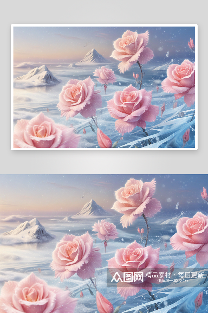 冰冻玫瑰绽放蓝色海洋中的美丽素材