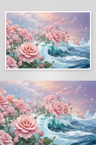 蓝色海洋中冰冻玫瑰的梦幻美景