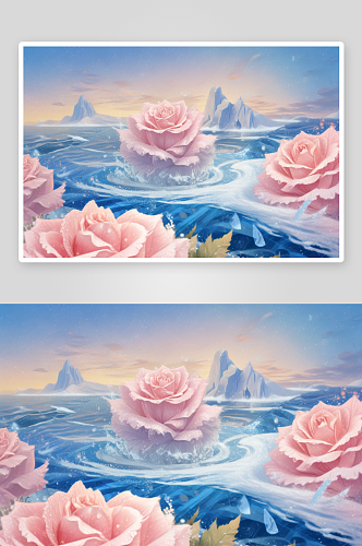 蓝色海洋中冰冻玫瑰的梦幻美景