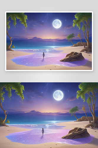 紫蓝色荧光与夜空海滩的奇幻仙境
