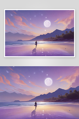 紫蓝色荧光与夜空海滩的奇幻仙境