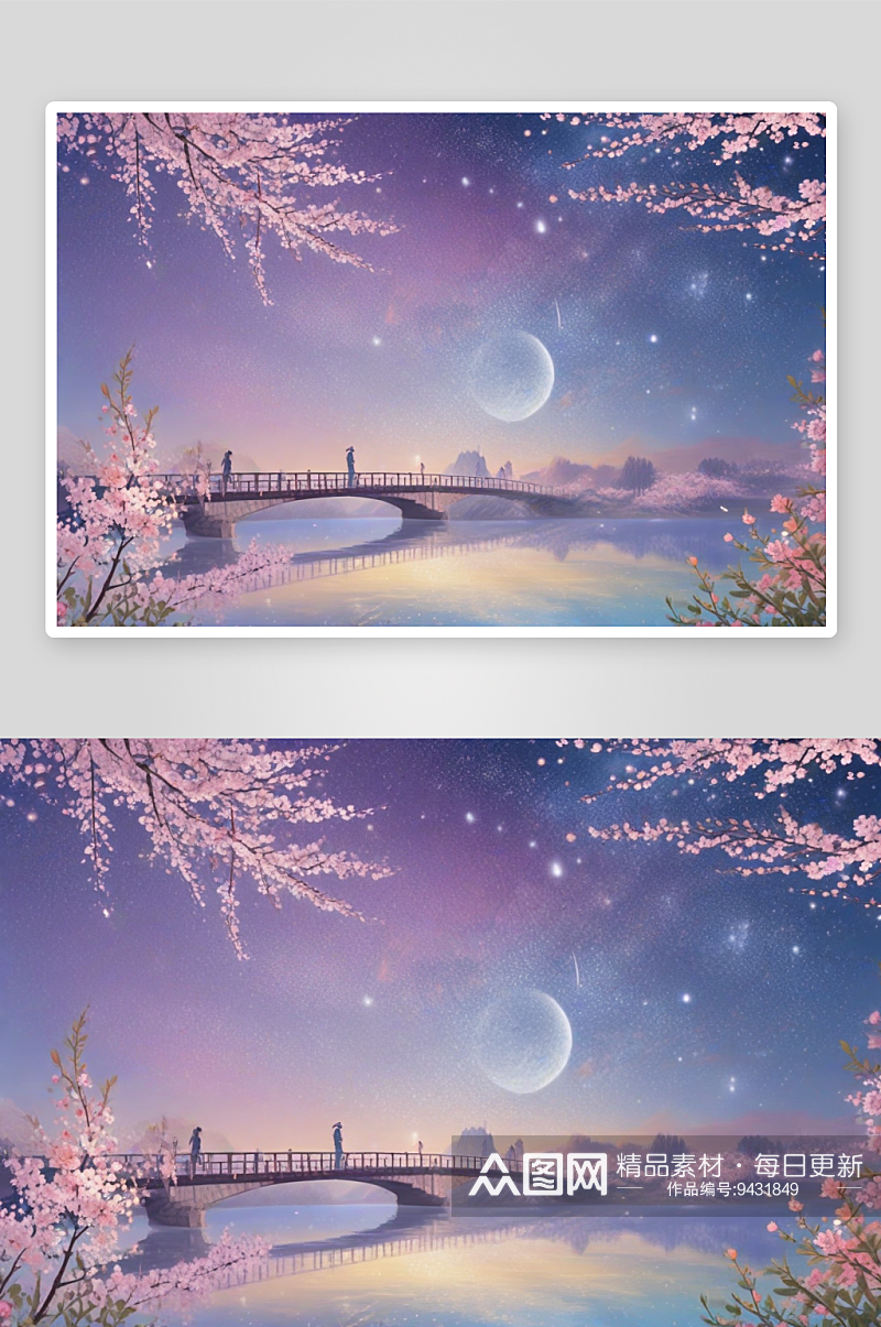 月亮的湖光桃花景色素材