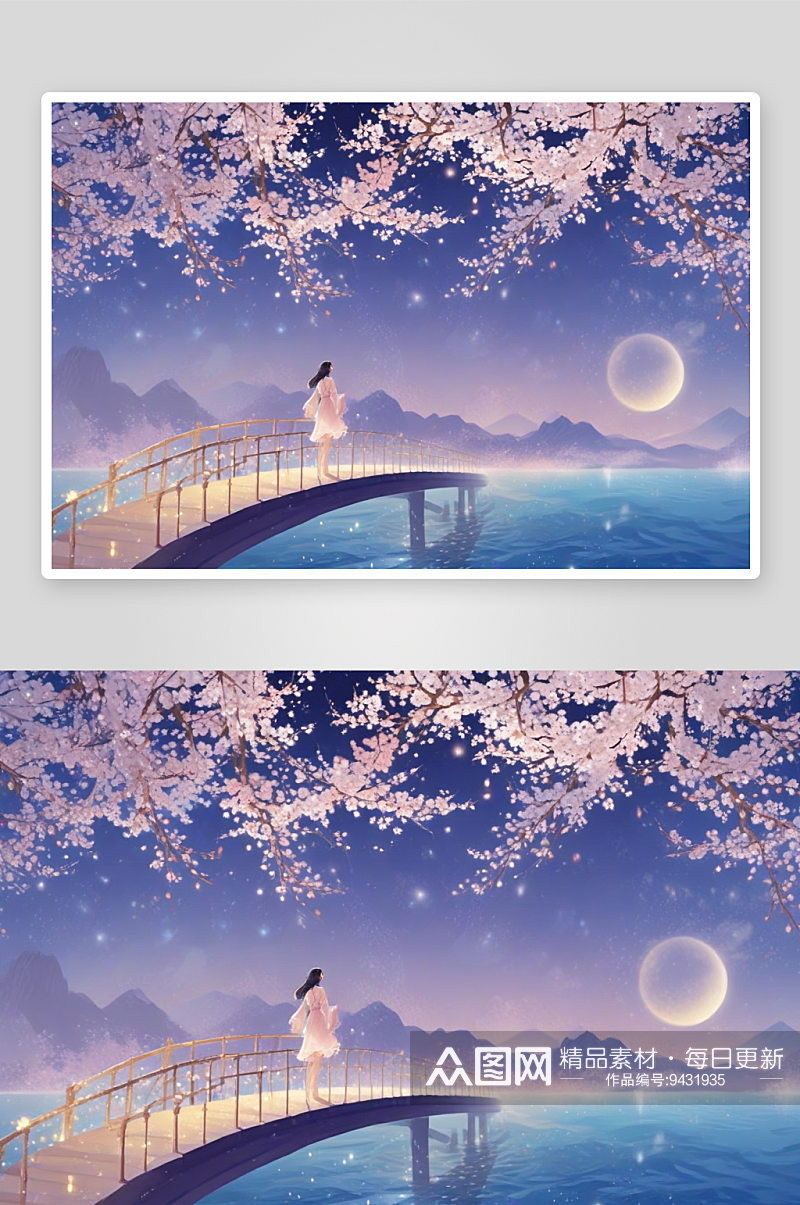 月亮映照桃花湖景色素材