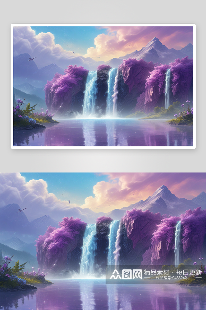 群山环绕下的梦幻夜空中的蓝紫色美景素材