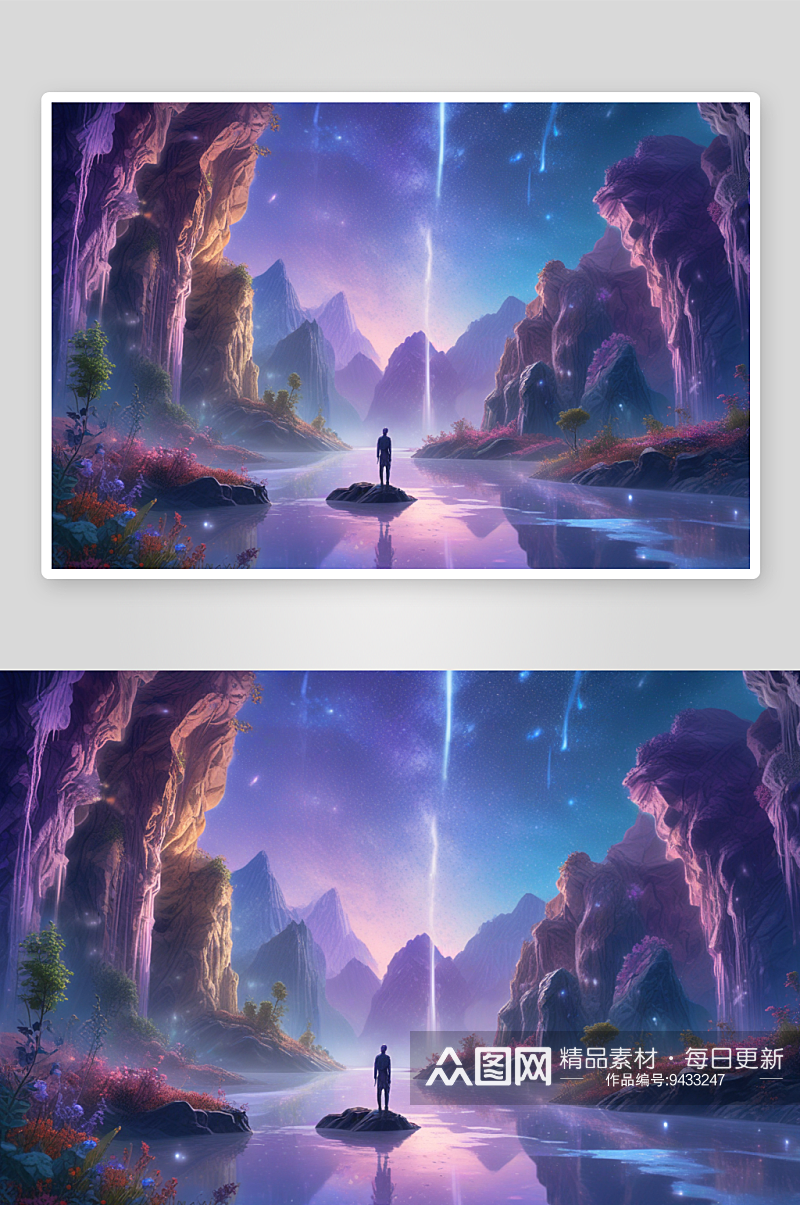 群山环绕下的梦幻夜空中的蓝紫色美景素材