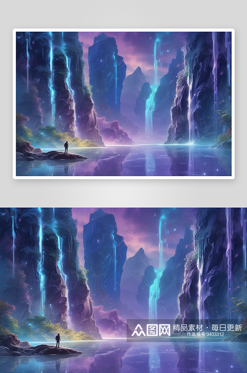 群山环绕下的梦幻夜空中的蓝紫色风景素材