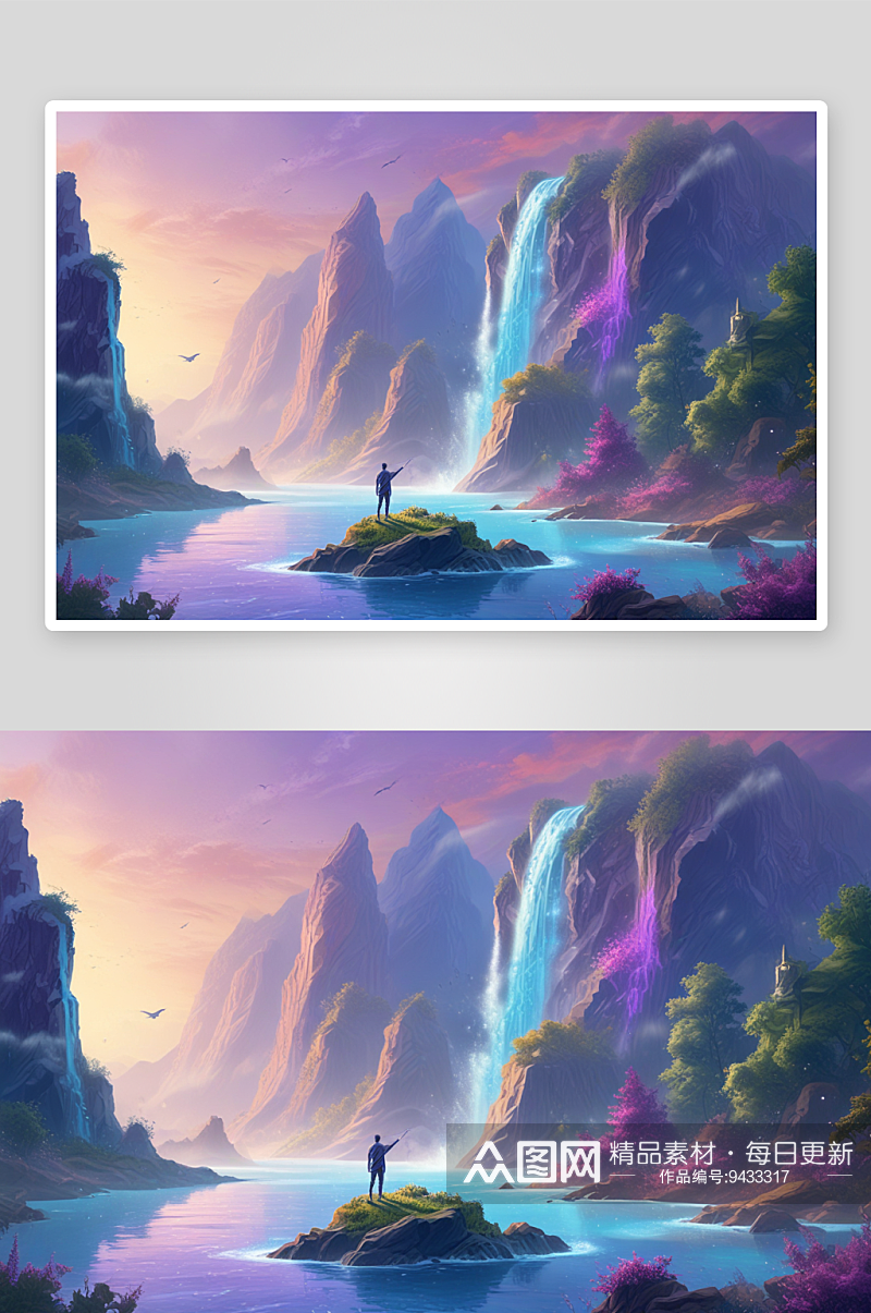 群山环绕下的梦幻夜空中的蓝紫色风景素材