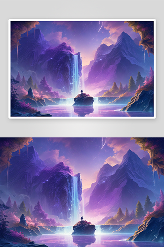 群山环绕下的梦幻夜空中的蓝紫色风景