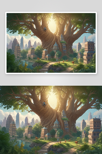 树中神秘之城的照片现实感