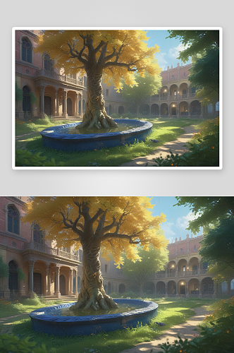 美丽幻想中的城堡庭院枫树令人惊叹