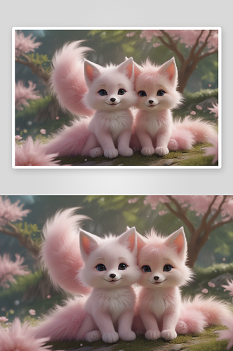 温暖可爱的粉红狐狸家庭