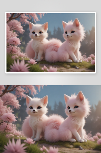 温暖可爱的粉红狐狸家庭