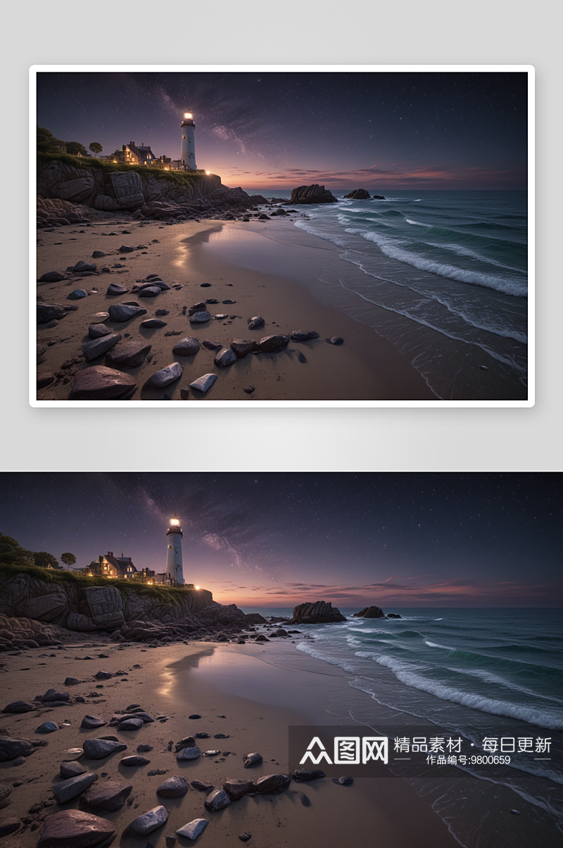 沙滩灯塔的美丽夜景素材