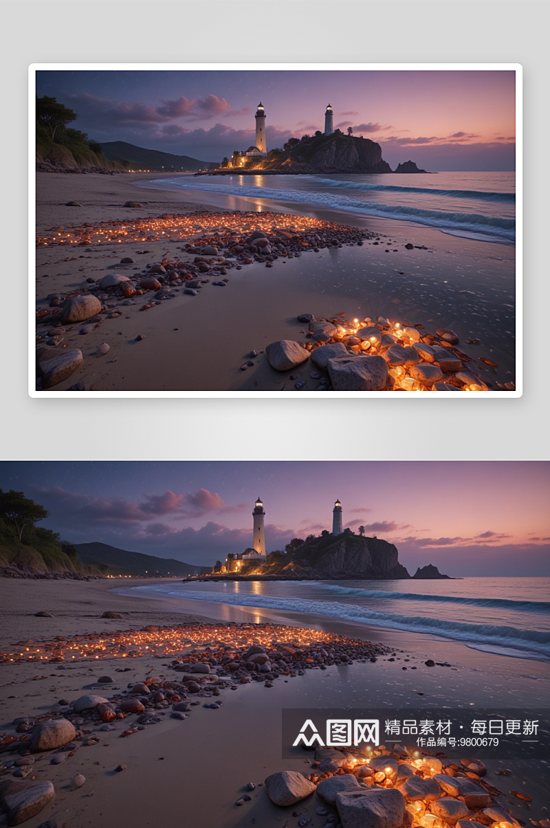 沙滩灯塔的美丽夜景素材