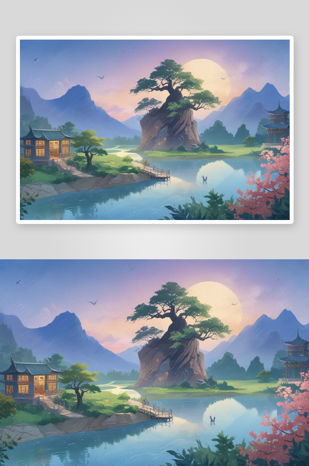 夜晚的河流与古建筑共舞素材
