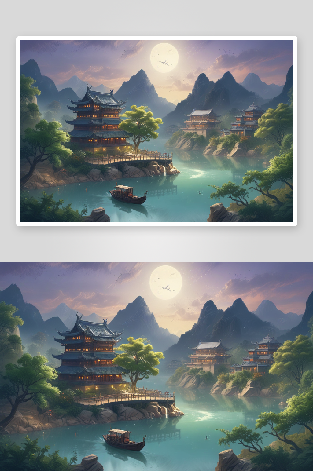 夜晚的河流与古建筑的诗意素材
