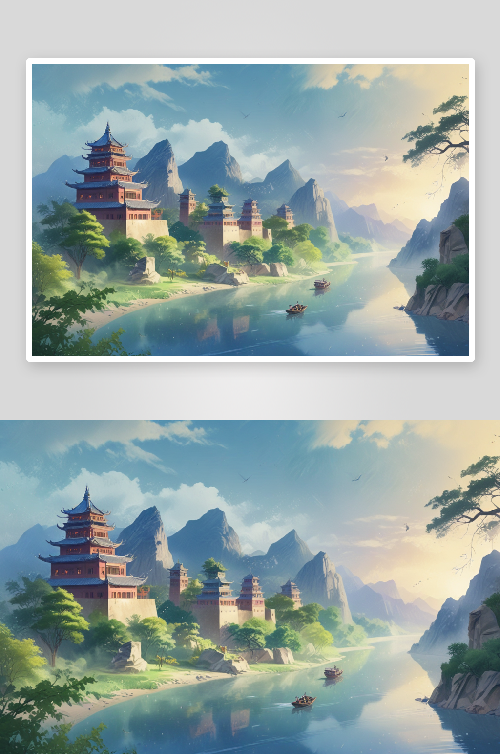 夜晚河流点缀着古建筑的光华素材